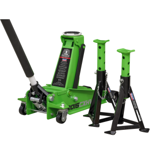 Trolley Jack with Super Rocket Lift 3 Tonne & Axle Stands (Pair) 3 Tonne Capacity per Stand - Green