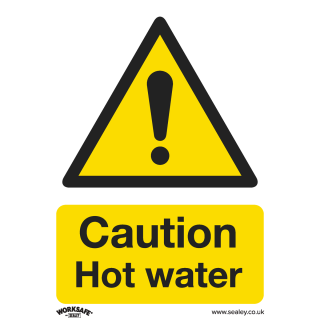 Warning Safety Sign - Caution Hot Water - Self-Adhesive Vinyl - Pack of 10